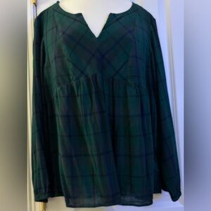 Old Navy Blouse women’s large tall Green Plaid elastic long-sleeve cuffs v-neck